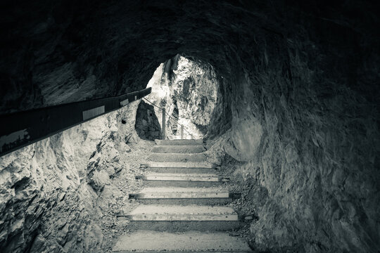 tunnel in tolmin gorges in slovenia, black and white