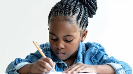 African girl with braids writing a dairy on white background - Powered by Adobe