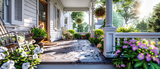 Traditional American Home, Welcoming Porch in a Quiet Suburban Neighborhood, Classic Residential Elegance - obrazy, fototapety, plakaty