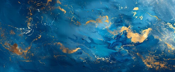 A seamless composition of creative paint strokes and water effects produces a visually stunning abstract background in blue and gold.