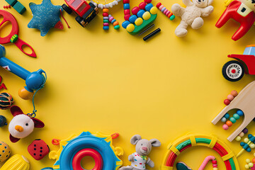 The background has colorful toys for children in a flat lay top view against a yellow background,...