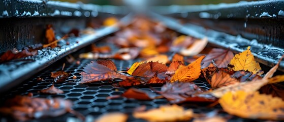Autumn Leaves Clog Gutter Guard, Maintenance Due. Concept Leaf Removal, Gutter Cleaning, Preventing Water Damage, Seasonal Maintenance, Dealing with Clogs - obrazy, fototapety, plakaty