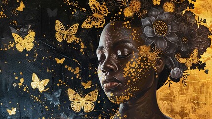African woman with gold butterflies and flowers, oil painting