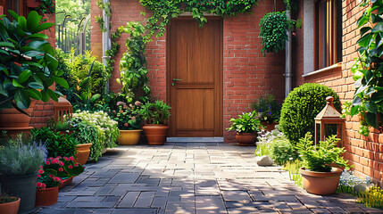 Fototapeta na wymiar Traditional English Garden Entrance, Brick Pathway Flanked by Lush Plants, Elegant Architectural Harmony