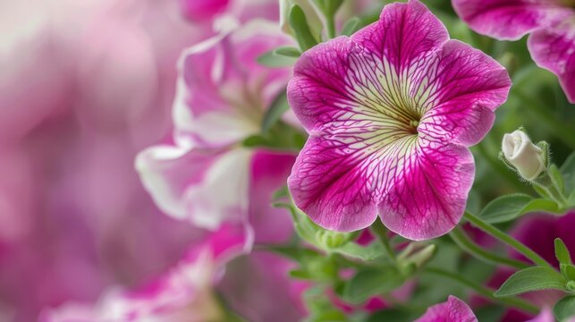 Close-up of pink Petunia flower in bloom with vibrant nature background