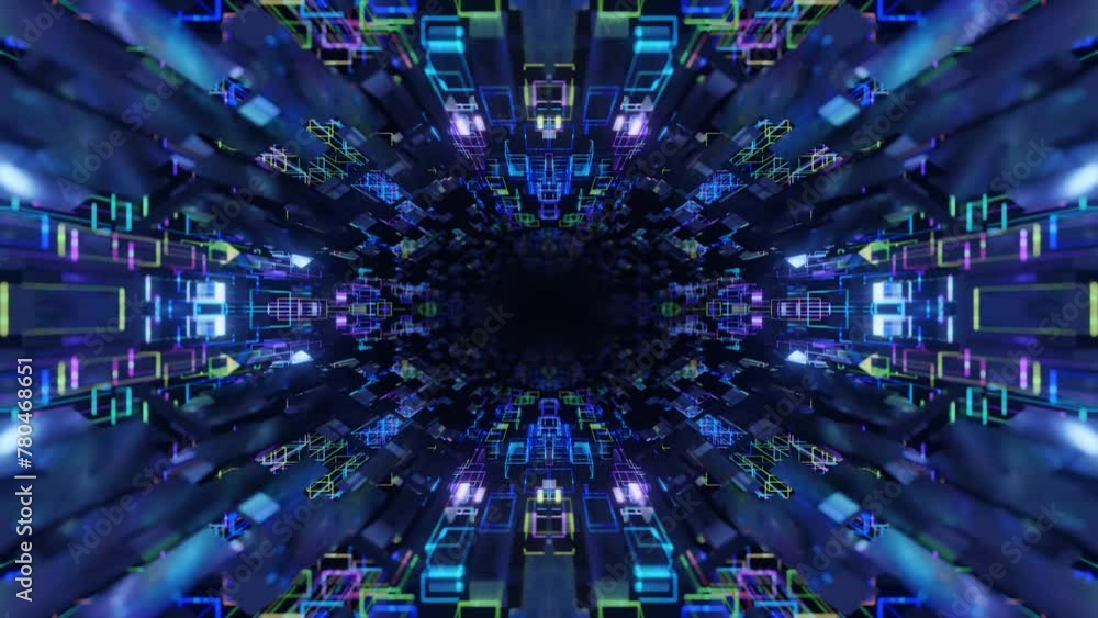 Poster 4k seamless looped animation. fly through mirror symmetrical tunnel with neon pattern, sci fi glow p