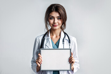 Woman Female Doctor or Nurse Holding Blank Sign on White Background for Copy Space Advertisement
