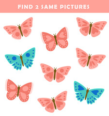 Find 2 same pictures. Puzzle game for children. Preschool worksheet activity for kids. Educational game with cute butterfly illustration.	