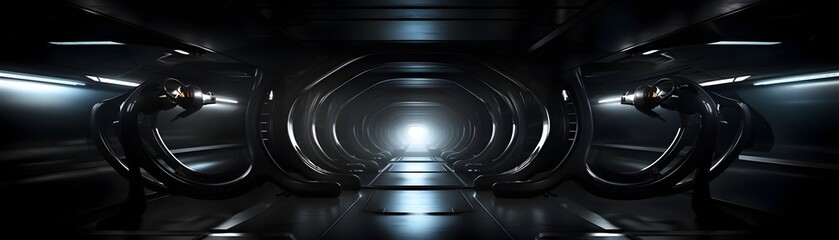 Mysterious Futuristic Dark Underground Tunnel Illuminated with Geometric Lights