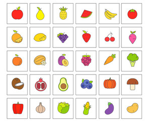 Set of icons in square stickers vegetables and fruits illustration