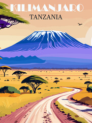 Kilimanjaro mountain, Tanzania Travel Destination Poster in retro style. African landscape digital print. Exotic summer vacation, holidays concept. Vintage vector colorful illustration. - obrazy, fototapety, plakaty