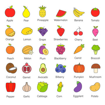 Set of vegetables and fruits with names line icons illustration