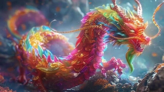 A colorful dragon with gold and silver scales is swimming in a body of water 4K motion