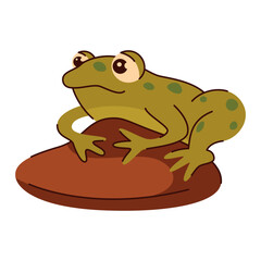 The cute frog with spots sits on a brown rock. Kids illustration. Isolated vector illustration of a cartoon style.