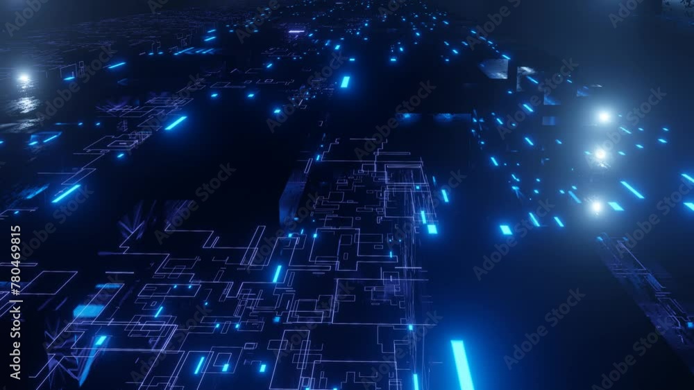 Poster glow line form pattern like sci-fi hologram. fly through technology cyberspace with blue neon glow. 