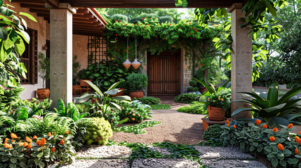 Fototapeta na wymiar Tropical Garden Entrance, Exotic Flora Lining the Path to an Architectural Gem, Natures Welcome