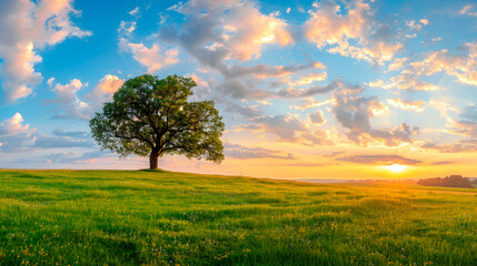 Fototapeta na wymiar Single tree in field under magical sunset sky.