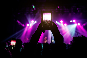 Fototapeta na wymiar A hand holds a smartphone, recording a lively event illuminated by colorful lights