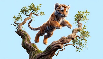 A playful tiger cub jumps through the air from a thick branch in a lush green forest.