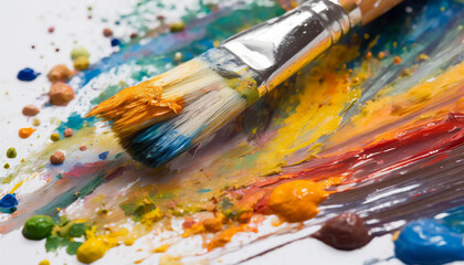 Fototapeta premium Close-up of brush with different colors of paint, strokes and splashes. Isolated on white