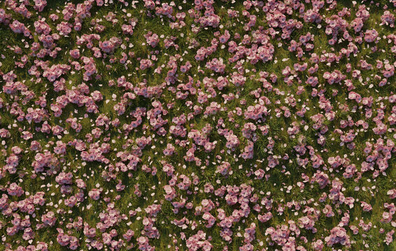 Top View on grass field covered with japanese cherry leaves. 3D Rendering