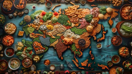 World Map Created with a Variety of Foods and Dishes on Blue Background