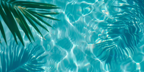A closeup of  blue water swimming pool with palm leaves  shadows . creating a beautiful summer scene. banner