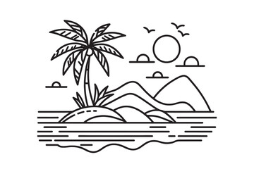 Single continuous line art of island with palm tree. Tropical Desert Island Landscape Design, Vector Illustration Drawing.