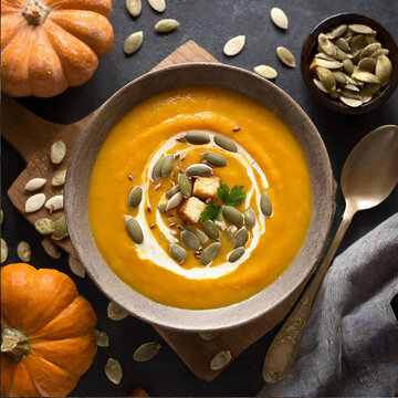 Pumpkin soup with bread in bowl