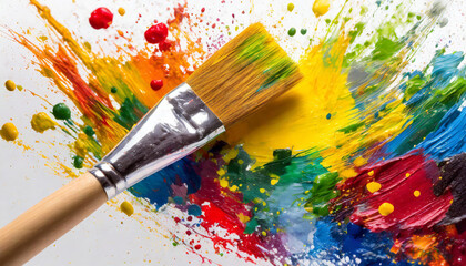 Fototapeta premium Close-up of brush with different colors of paint, strokes and splashes. Isolated on white
