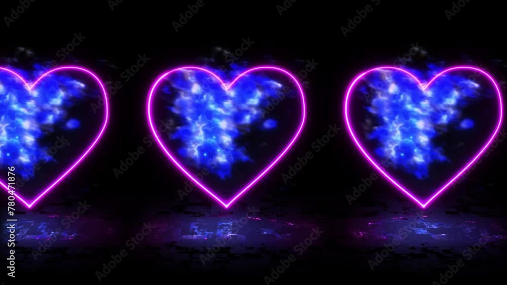 Aufkleber neon heart shape and 3d cloud animation on black bg, loop animation of neon heart with cloud rotate 