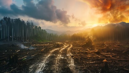 Environmental Crisis, Deforestation Fuels Climate Change through Fire and Logging, Amplifying Global Warming - obrazy, fototapety, plakaty