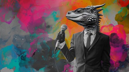 black and white picture of dragon wearing business suit holding microphone on colorful background