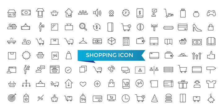 Shopping icon collection. Online shopping, store, delivery, promotion and shopping cart symbol. Line icons vector set.