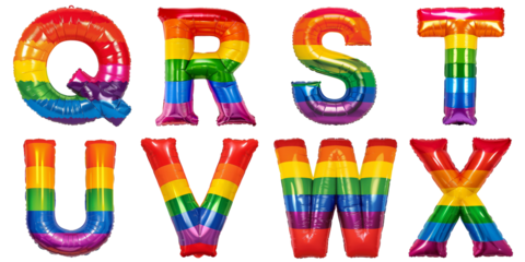 Pride Month Celebration: Rainbow-colored foil balloons shaped as letters Q, R, S, T, U, V, W, X