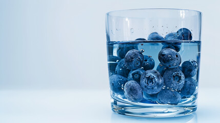 Fresh juicy Blueberry fruit with water splash isolated on background, healthy fruit.Blueberry fall in water cup with bubbles,Beautiful splash of water in a glass with ice
