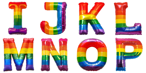 Pride Month Celebration: Rainbow-colored foil balloons shaped as letters I, J, K, L, M, N, O, P