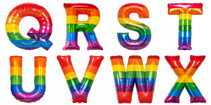 Pride Month Celebration: Rainbow-colored foil balloons shaped as letters Q, R, S, T, U, V, W, X