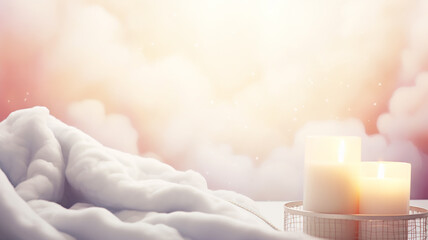Burning candles near the window against the background of clouds, a postcard in pastel colors with a cozy atmosphere - obrazy, fototapety, plakaty
