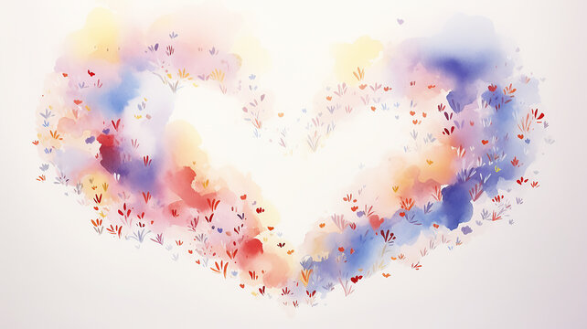 Heart-shaped flowers, spring background greeting card in watercolor style