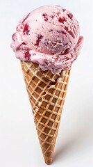 Waffle cone and one scoop of strawberry or raspberry ice cream on white background
