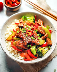 Korean style stir-fry seitan with vegetables with sour sweet spicy sauce and sesame and rice in a bowl. Delicious vegan dish. Healthy plant based diet concept