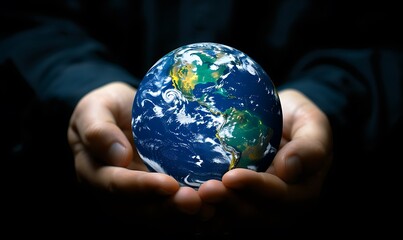 Fototapeta premium Symbolic Gesture, Earth Globe Cradled in Hands Signifying Environmental Protection and Planet Care