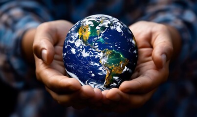Fototapeta premium Symbolic Gesture, Earth Globe Cradled in Hands Signifying Environmental Protection and Planet Care
