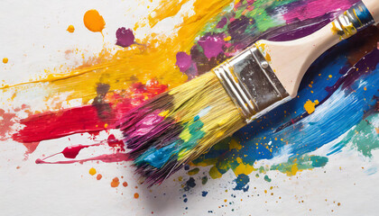 Close-up of brush with different colors of paint, strokes and splashes. Isolated on white - Powered by Adobe