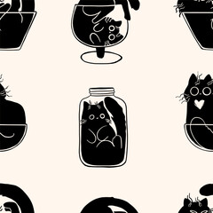 Set of silhouette cats in various glass forms. Seamless pattern. Vector illustration. - obrazy, fototapety, plakaty