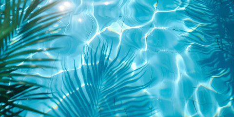 Fototapeta na wymiar A closeup of blue water swimming pool with palm leaves shadows . creating a beautiful summer scene. banner