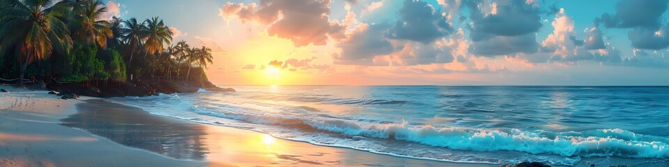 Fototapeta na wymiar Tranquil Dawn, Scenic Panorama of Palm-Adorned Paradise Beach with Serene Ocean