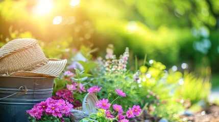 Variety of garden potted flowers green plants. Gardening concept. Bright sunny summer spring day