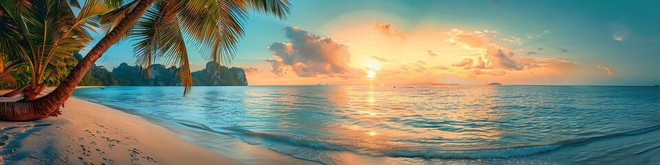 Naklejka na ściany i meble Tranquil Dawn, Scenic Panorama of Palm-Adorned Paradise Beach with Serene Ocean